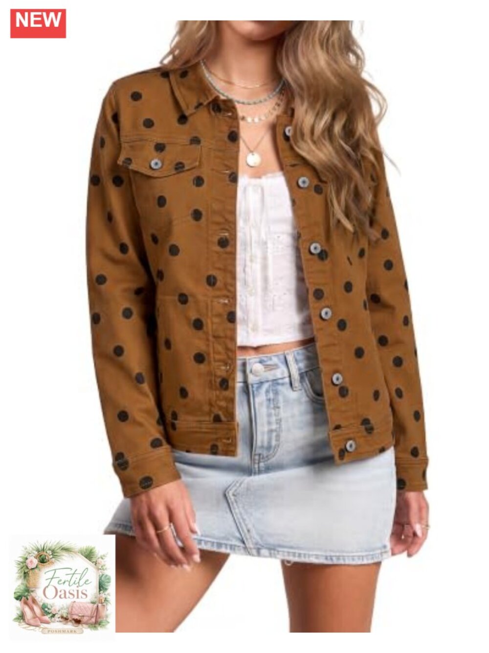 Polka Dot Denim Jacket Women Stretch Western Button Down